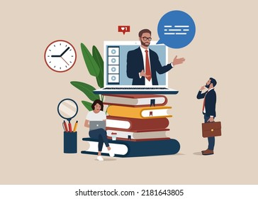 Online education or business training. Pile of books and tablet pc with video course. Adult characters in trendy style, vector illustration