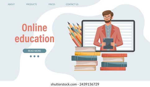 Online education or business training. A teacher, a computer mentor and a bunch of books and pencils. Illustration, template for landing page. Vector
