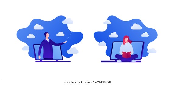 Online education and business training video concept. Vector flat person illustration set. Businessman with pointer on laptop screen Student woman read book on computer. Design for banner, infographic