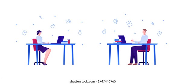 Online education, business work and science concept. Vector flat people illustration set. Man and woman sit on chair at desk with laptop computer, books . Design for college, school, academic banner