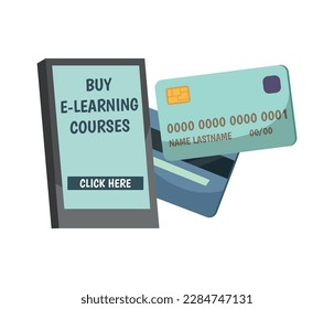 Educación en línea compra de un concepto plano de curso de aprendizaje en línea con smartphone y tarjetas de crédito ilustración vectorial