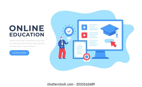 Online education. Cartoon character and computer with online learning website. Elearning, digital learning, online tutorials, video courses, e-learning concepts. Flat design. Vector illustration