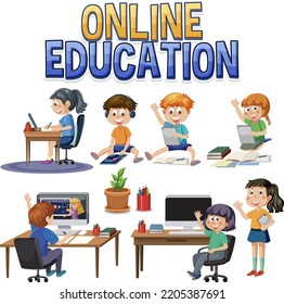 Online education with cartoon character illustration