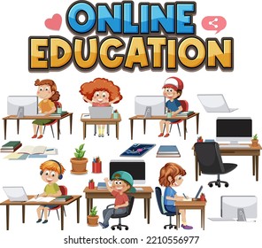 Online education with cartoon character illustration