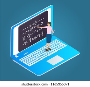 Online education cartoon isolated vector emblem. Teacher of math near blackboard with pointer standing on laptop, teaching and learning on internet