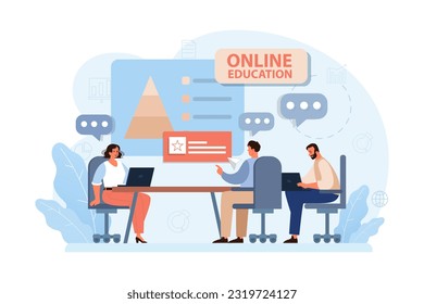 Online education. Character study remotely using internet, online services, application or website. Idea of e-learning and gaining knowledge by modern online courses. Flat vector illustration