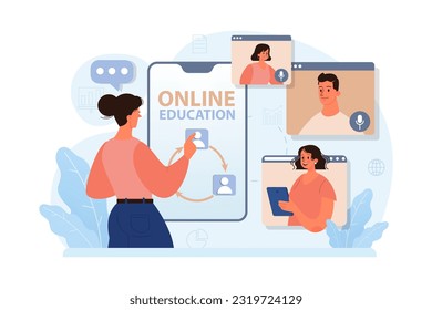 Online education. Character study remotely using internet, online services, application or website. Idea of e-learning and gaining knowledge by modern online courses. Flat vector illustration
