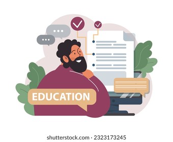 Online education. Character study remotely using internet, online services, application or website. Idea of e-learning and gaining knowledge by modern online courses. Flat vector illustration