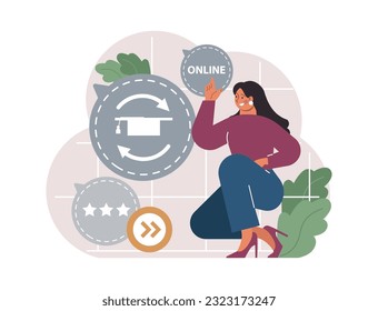 Online education. Character study remotely using internet, online services, application or website. Idea of e-learning and gaining knowledge by modern online courses. Flat vector illustration