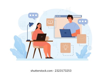 Online education. Character study remotely using internet, online services, application or website. Idea of e-learning and gaining knowledge by modern online courses. Flat vector illustration