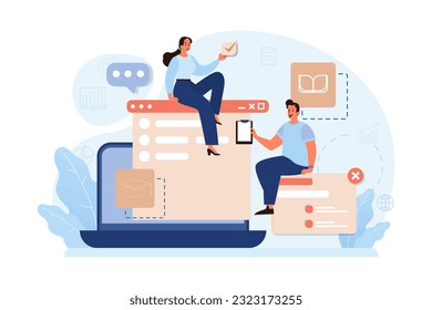 Online education. Character study remotely using internet, online services, application or website. Idea of e-learning and gaining knowledge by modern online courses. Flat vector illustration