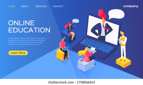 Online education characters on laptop computer, vector illustration. Business people cartoon character straining in digital internet school. Teaching web technology, distance study flat concept.