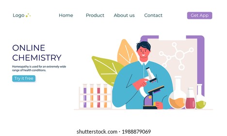 Online education chemistry concept. Man with microscope in lab promo. template for banner, invitation, ad, landing page. Vecror modern design.