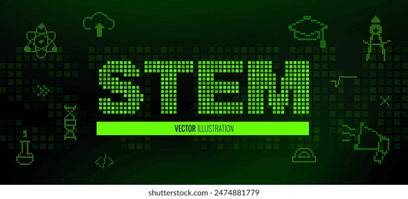 Online education child futuristic pixel green digital banner. Poster concept for educational learn STEM programs, and technology-themed school materials. Vector illustration