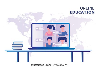 Online education for children concept. Children stay home and studying online with video conference during covid-19 coronavirus outbreak vector illustration. New normal global education  concept