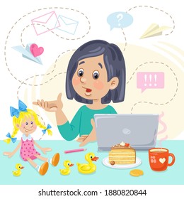 Online education for children. Cute girl with laptop, food and toys. In cartoon style. Isolated on white background. Vector flat illustration. svg