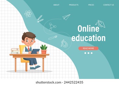 Online education for children. Cute schoolboy studying, reading at his school desk. Illustration, template for landing page. Vector