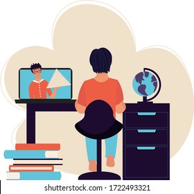 Online education children and home schooling kids concept. Child or teenager sitting at desk and teacher learn history via laptop and internet. Cute illustration in flat style.