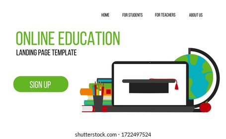 Online education children and 
home schooling kids concept. 
Landing page with composition of 
school supplies. Cute illustration in flat style.