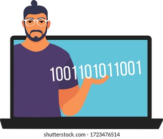 Online education children and 
home schooling kids concept.  Man learn programming on video lesson on laptop. Cute illustration in flat style.