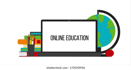 Online education children and 
home schooling kids concept. 
composition of laptop and book. Cute illustration in flat style.