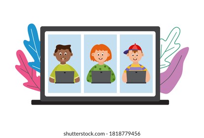 Online Education For Children - Internet Communication Concept Banner With Cartoon Kids Using Laptops On Computer Split Screen. Isolated Vector Illustration.