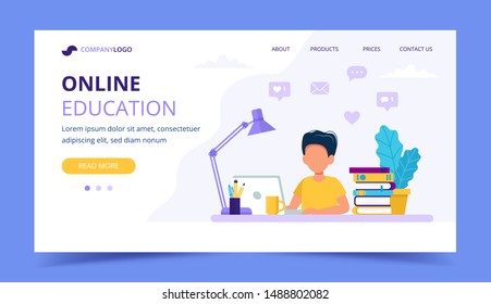 Online education for children landing page. Boy studying with computer and books. Vector illustration in flat style