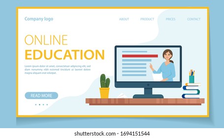 Online education for children landing page. Screen with teacher, books and pencils. Student desktop. Vector illustration in flat style