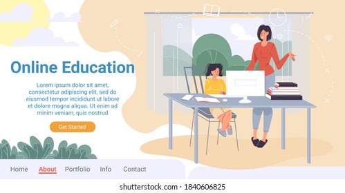 Online education for children landing page. Home schooling, e-learning. Mother help child study, do homework. Girl sitting at computer listening virtual lesson. Book, exercise-book stack on desk