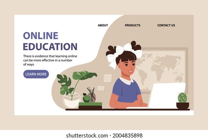 Online education for children landing page. Schoolgirl studies in front of a laptop monitor at home. Flat vector illustration 