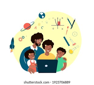 Online Education for Children. Parents,Mother,Father, Children Students Kid Study,Homework.Lesson in Laptop with Family.Digital Learning.Home Schooling.Pupil Study in Internet.Flat vector illustration