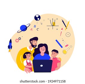 Online Education for Children. Parents,Mother,Father, Children Students Kid Study,Homework.Lesson in Laptop with Family.Digital Learning.Home Schooling.Pupil Study in Internet.Flat vector illustration