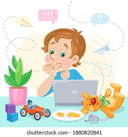 Online education for children. Puzzled boy with laptop, biscuits and toys. In cartoon style. Isolated on white background. Vector flat illustration. svg