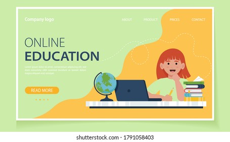 Online education for children. School children studying with computer and books. Vector illustration in flat style for website, landing page, banner, flyer