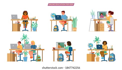 Online Education For Children Vector Set. Different Ethnicity Boys And Girls Sitting At Desks In Front Of Laptops Learning.