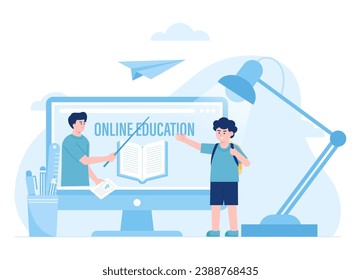 online education for children via computer trending concept flat illustration