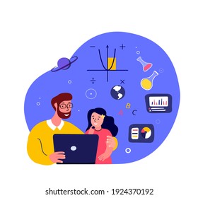 Online Education for Children.Father and Daughter Student Kid Study,Homework, Teacher.Lesson in Laptop with Family.Digital Learning.Home Schooling.Coach Help Pupil in Internet.Flat vector illustration