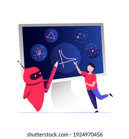 Online Education for Children.Student Boy Study, Homework with Teacher Cyber Robot Bot.Artificial Intelligence,Future technology.Digital Learning. Coach Help Pupil in Internet.Flat vector illustration