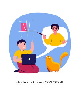 Online Education for Children.Student Boy Study,Homework, Tutor Teacher. Video Lesson in Laptop,Future Technology. Digital Learning.Home Schooling.Coach Help Pupil in Internet.Flat vector illustration