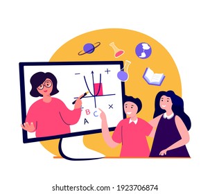 Online Education for Children.Students Kids Study,Homework, Tutor Teacher.Video Lesson in Laptop,Future Technology.Digital Learning.Home Schooling.Coach Help Pupil in Internet.Flat vector illustration