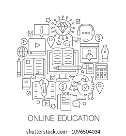 Online education in circle - concept line illustration for cover, emblem, badge. Online modern education thin line stroke icons set.