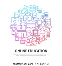 Online Education Circle Concept. Vector Illustration of Outline Design.