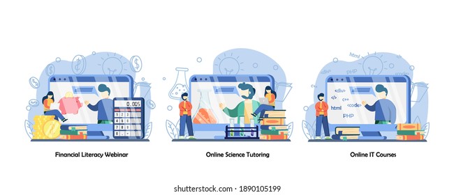 Online Education, Online Class, Digital Education Platform Icon Set. Financial Literacy Webinar, Online Science Tutoring, Online It Courses. Vector Flat Design Isolated Concept Metaphor Illustrations