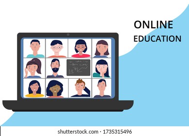 Online Education. Online class, emergency shcool. Stay school learn study from home via teleconference, web chat during Coronavirus. Laptop with avatar student, teacher. Flat Vector Illustration.