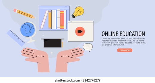 Online education, classes or courses at university or college banner or advertisement. Distance learning degree for graduate concept for web, graphic design, landing page template. 