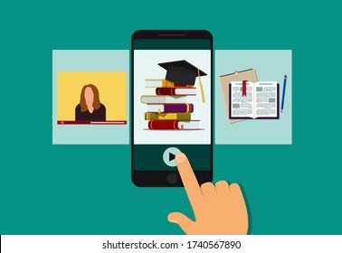 Online education in classroom on mobile. E-learning in school, university with lesson of teacher in video. Flat hand holds phone with training app in college. Electronic library for study. vector