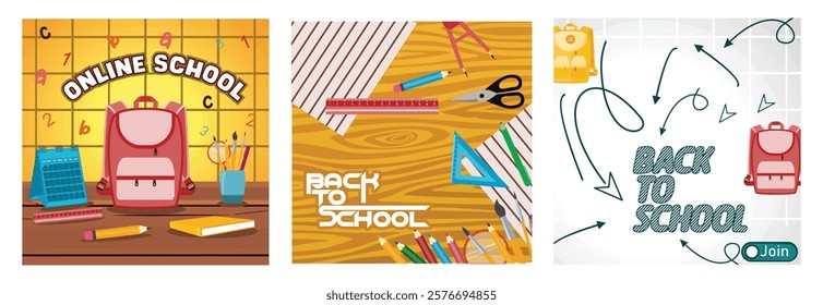 Online Education in a Classroom Setting. Supplies on a Wooden Desk Background. Backpacks and Arrows. Set flat vector modern illustration 