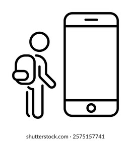 online education clip art icon symbol, mobile phone addiction concept, digital native young student with back pack standing next to smart phone, isolated linear vector illustration, editable stroke,