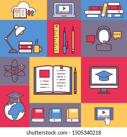 Online education collage, vector illustration. Colorful stickers, flat line icons of educational process, university study, internet course. Studying remotely at home, international education program