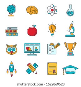 Online Education colored Lines Web Icon Set for Flyer, Poster, Web Site Like mortarboard, books, brain and trophy. isolated vector illustration